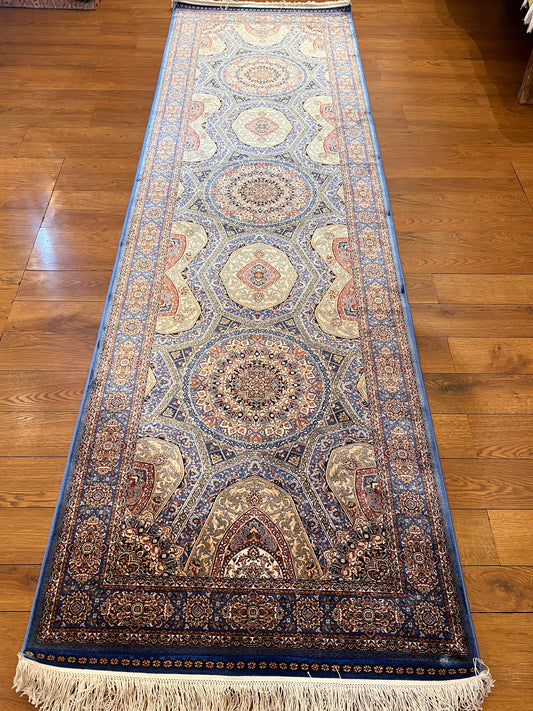 2’10” × 9’9” Bamboo Silk Runner Rug – Blue & Ivory Medallion Traditional Turkish Design