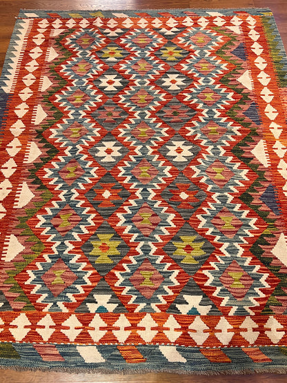 5x7 Fine Quality Handwoven Turkish Kilim Rug – Colorful Geometric Anatolian Rug