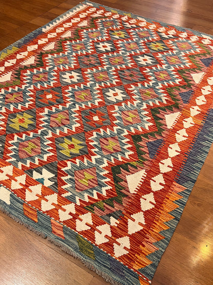5x7 Fine Quality Handwoven Turkish Kilim Rug – Colorful Geometric Anatolian Rug