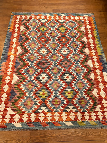 5x7 Fine Quality Handwoven Turkish Kilim Rug – Colorful Geometric Anatolian Rug