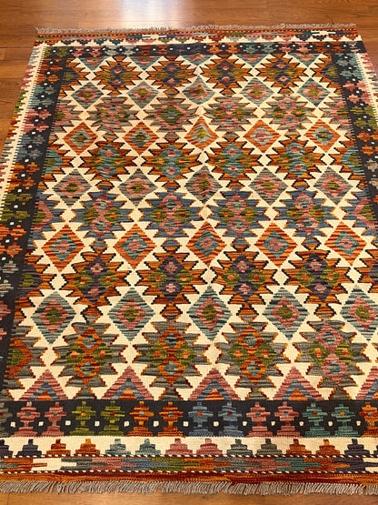 5x7 Fine Quality Handwoven Turkish Kilim Rug – Ivory Geometric Anatolian Area Rug