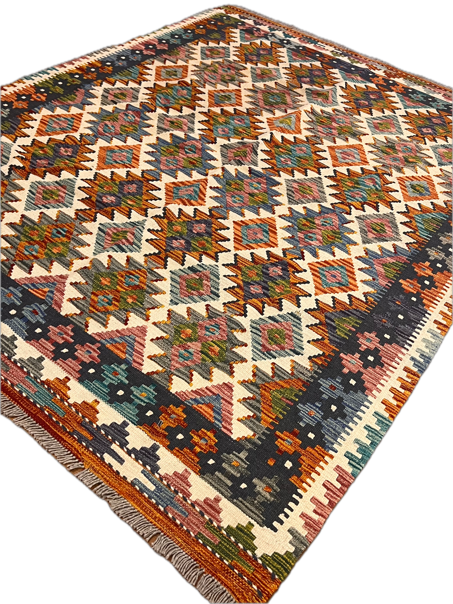 5x7 Fine Quality Handwoven Turkish Kilim Rug – Ivory Geometric Anatolian Area Rug