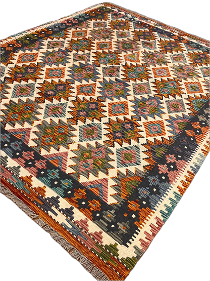 5x7 Fine Quality Handwoven Turkish Kilim Rug – Ivory Geometric Anatolian Area Rug