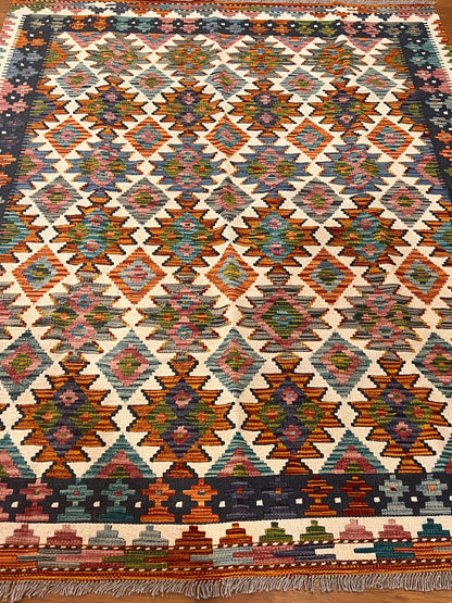 5x7 Fine Quality Handwoven Turkish Kilim Rug – Ivory Geometric Anatolian Area Rug
