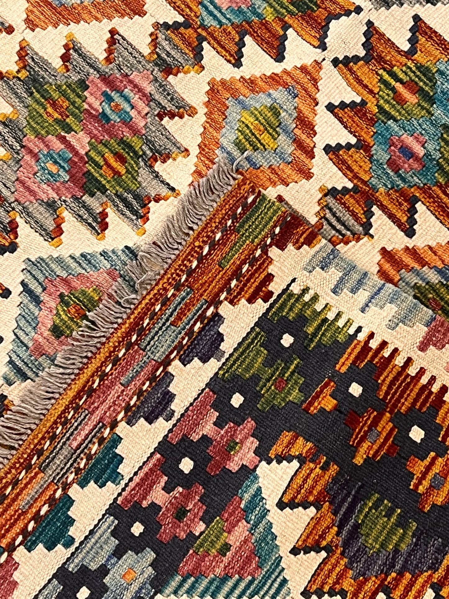 5x7 Fine Quality Handwoven Turkish Kilim Rug – Ivory Geometric Anatolian Area Rug