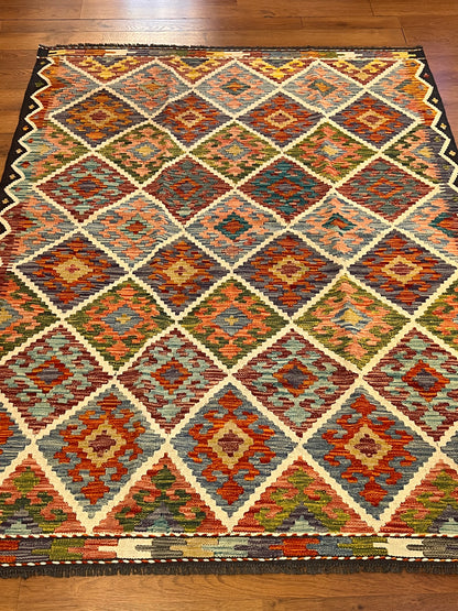 5x7 Fine Quality Handwoven Turkish Kilim Rug – Colorful Diamond Pattern Anatolian Area Rug