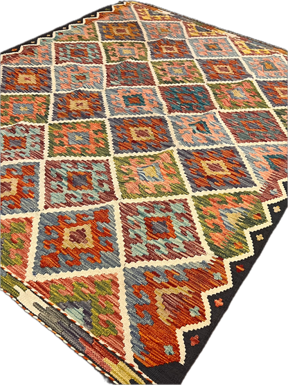 5x7 Fine Quality Handwoven Turkish Kilim Rug – Colorful Diamond Pattern Anatolian Area Rug