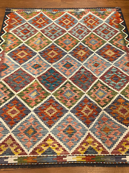5x7 Fine Quality Handwoven Turkish Kilim Rug – Colorful Diamond Pattern Anatolian Area Rug
