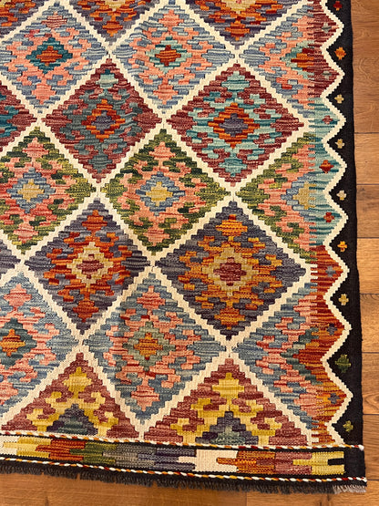 5x7 Fine Quality Handwoven Turkish Kilim Rug – Colorful Diamond Pattern Anatolian Area Rug