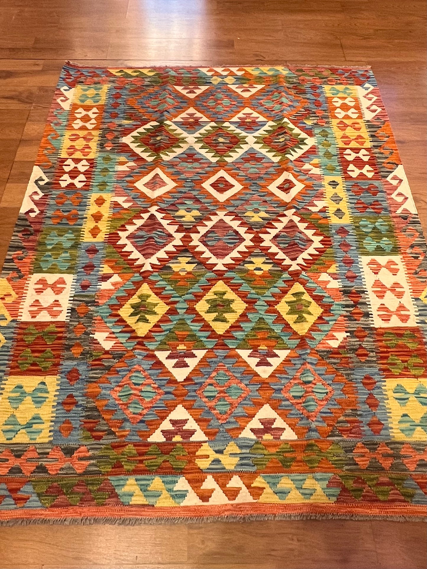 5x7 Fine Quality Handwoven Turkish Kilim Rug – Pastel Blue Geometric Anatolian Rug