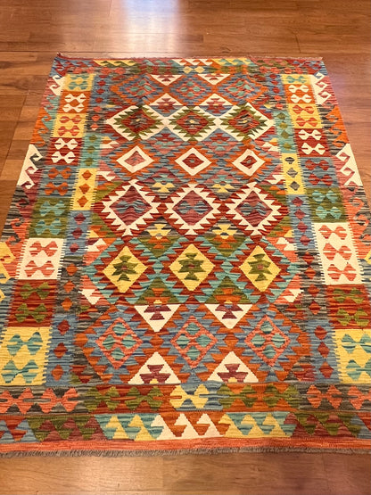 5x7 Fine Quality Handwoven Turkish Kilim Rug – Pastel Blue Geometric Anatolian Rug