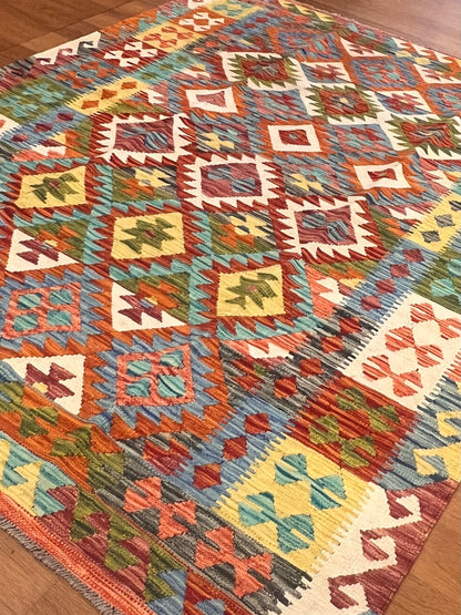 5x7 Fine Quality Handwoven Turkish Kilim Rug – Pastel Blue Geometric Anatolian Rug