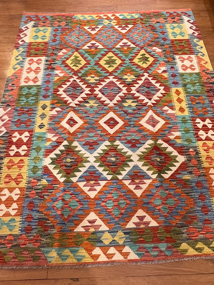 5x7 Fine Quality Handwoven Turkish Kilim Rug – Pastel Blue Geometric Anatolian Rug