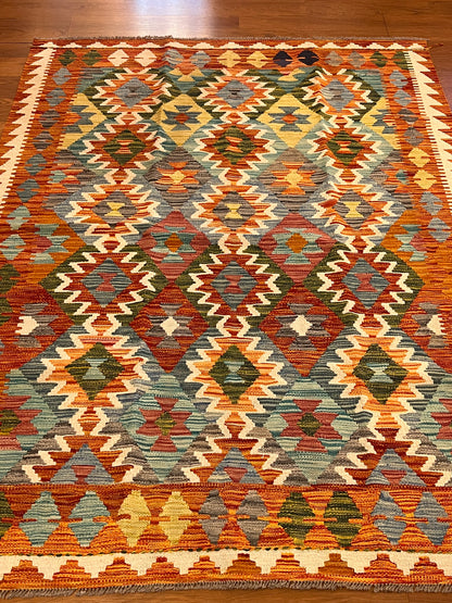 5x7 Fine Quality Handwoven Turkish Kilim Rug – Terracotta Geometric Anatolian Area Rug