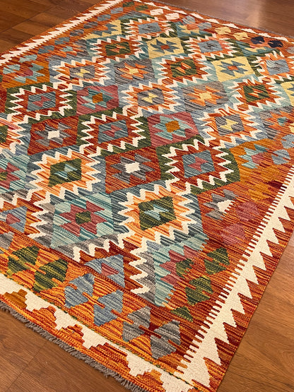 5x7 Fine Quality Handwoven Turkish Kilim Rug – Terracotta Geometric Anatolian Area Rug