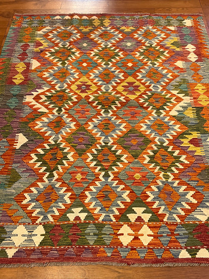 5x7 Fine Quality Handwoven Turkish Kilim Rug – Terracotta & Turquoise Geometric Anatolian Rug