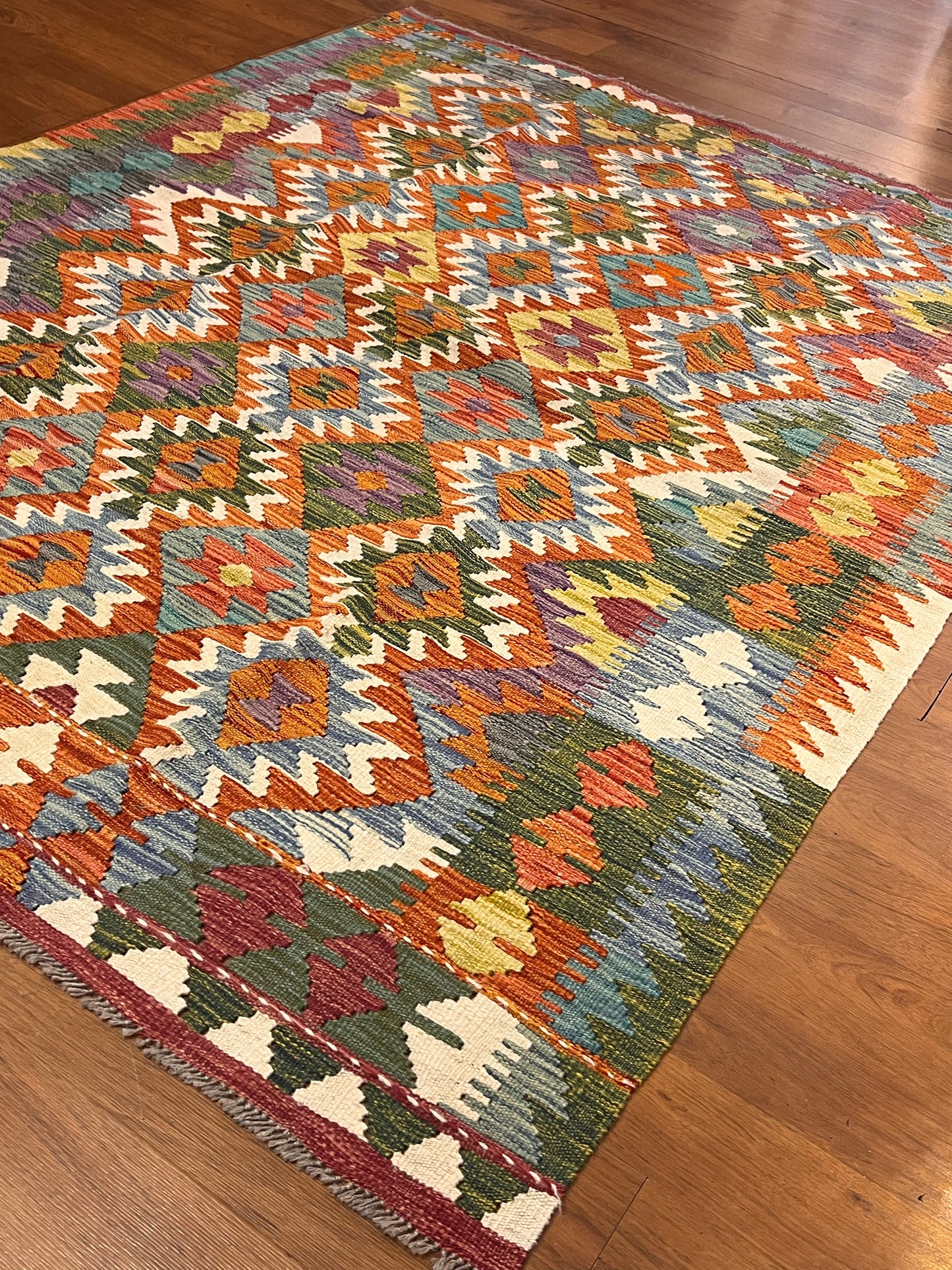 5x7 Fine Quality Handwoven Turkish Kilim Rug – Terracotta & Turquoise Geometric Anatolian Rug