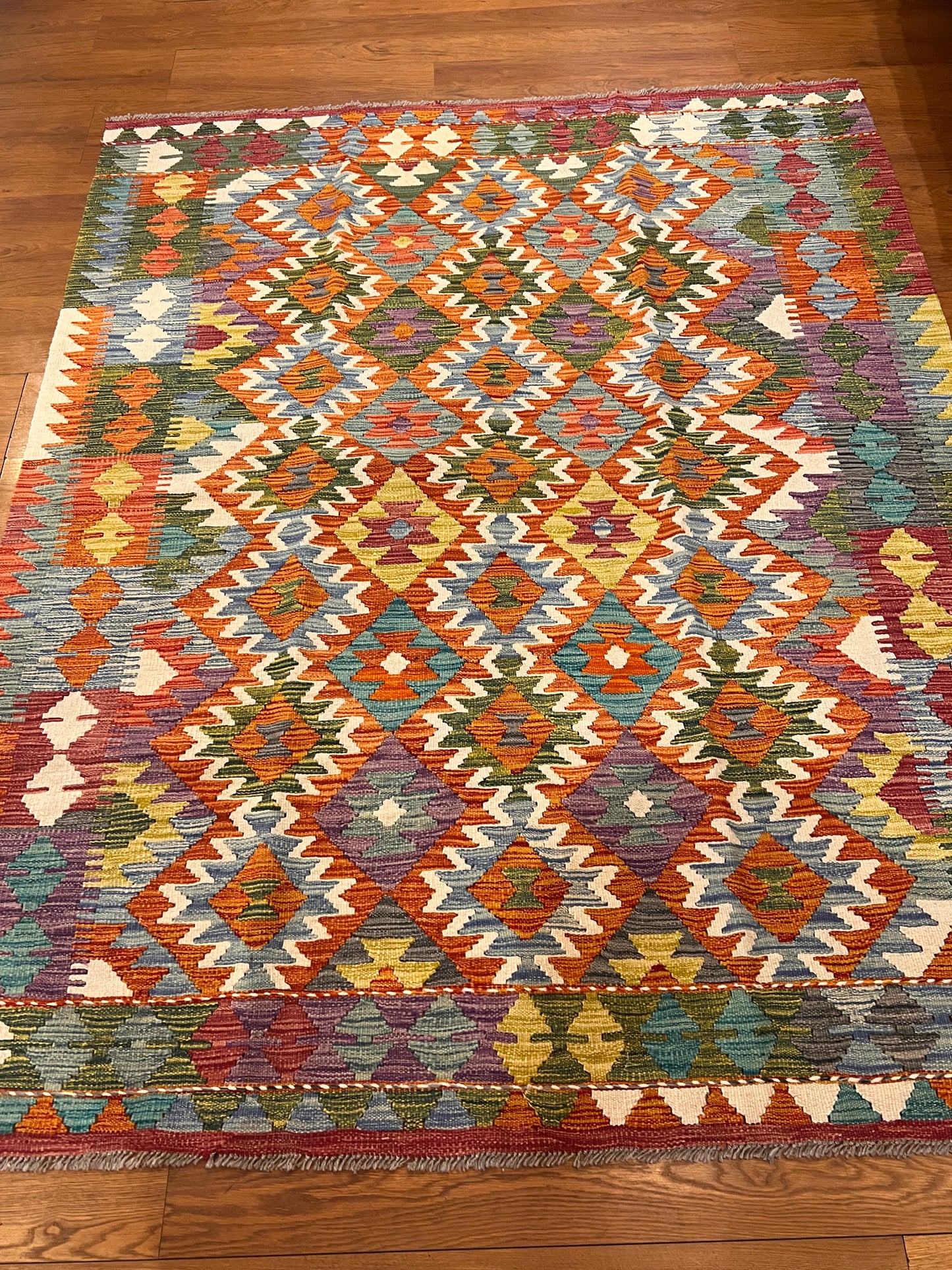 5x7 Fine Quality Handwoven Turkish Kilim Rug – Terracotta & Turquoise Geometric Anatolian Rug