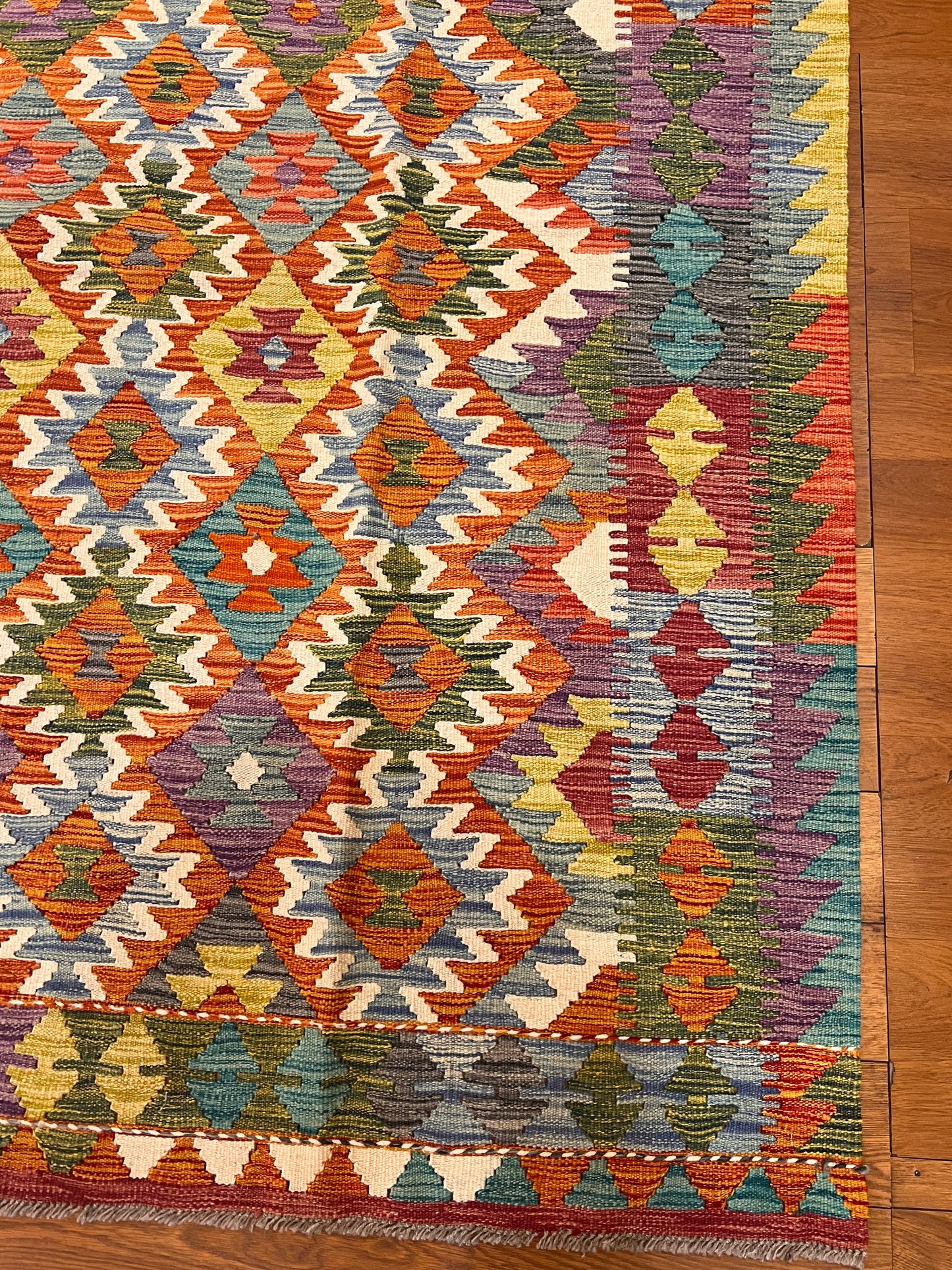 5x7 Fine Quality Handwoven Turkish Kilim Rug – Terracotta & Turquoise Geometric Anatolian Rug