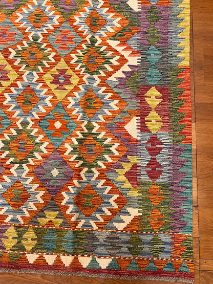 5x7 Fine Quality Handwoven Turkish Kilim Rug – Terracotta & Turquoise Geometric Anatolian Rug