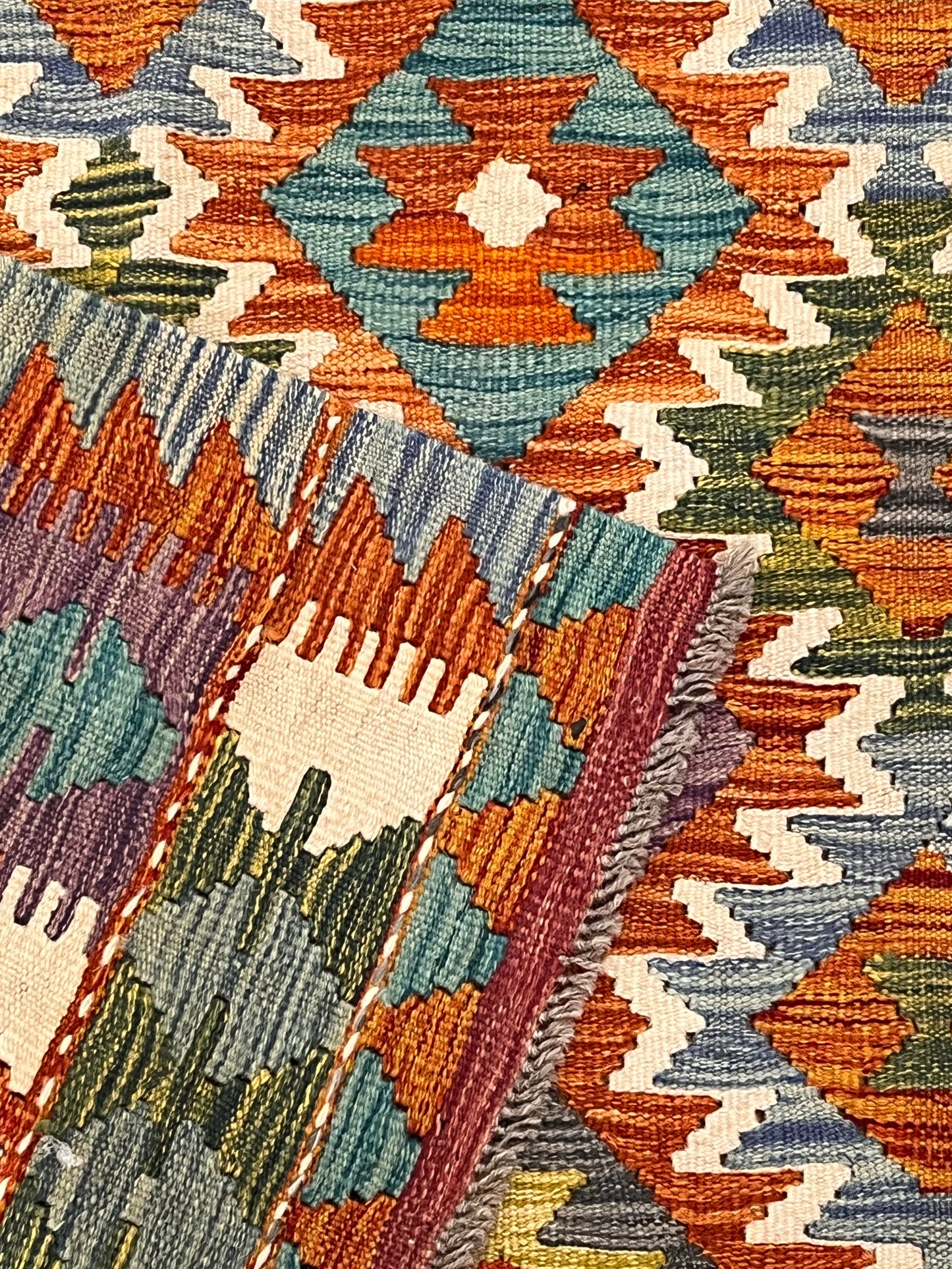 5x7 Fine Quality Handwoven Turkish Kilim Rug – Terracotta & Turquoise Geometric Anatolian Rug