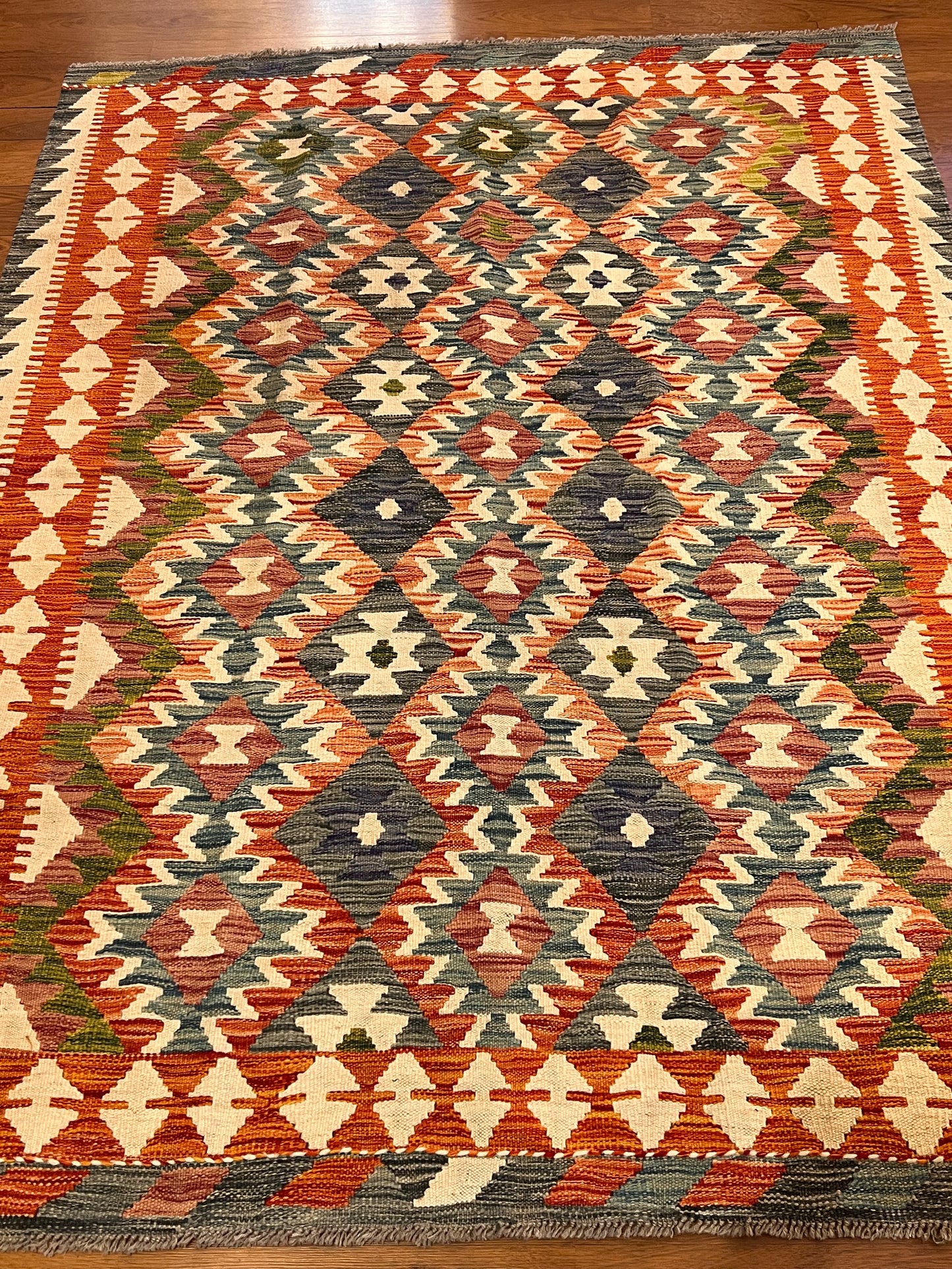5x7 Fine Quality Handwoven Turkish Kilim Rug – Rust & Charcoal Geometric Anatolian Rug