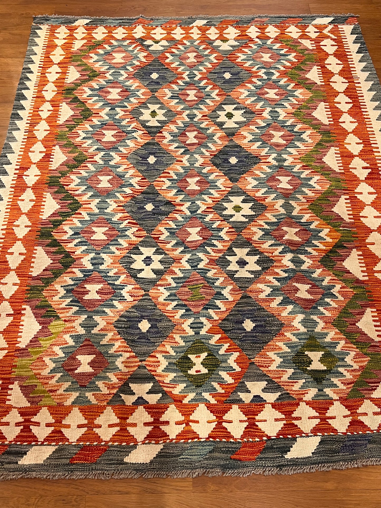 5x7 Fine Quality Handwoven Turkish Kilim Rug – Rust & Charcoal Geometric Anatolian Rug