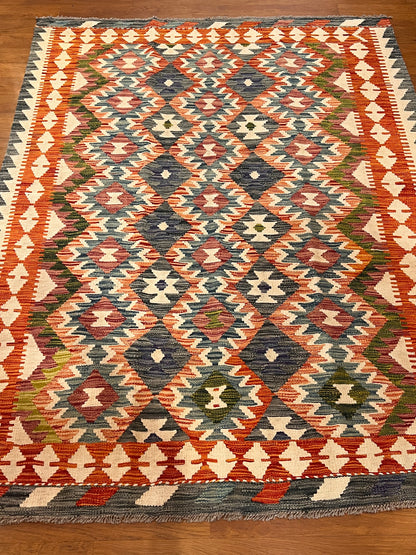 5x7 Fine Quality Handwoven Turkish Kilim Rug – Rust & Charcoal Geometric Anatolian Rug