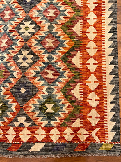 5x7 Fine Quality Handwoven Turkish Kilim Rug – Rust & Charcoal Geometric Anatolian Rug