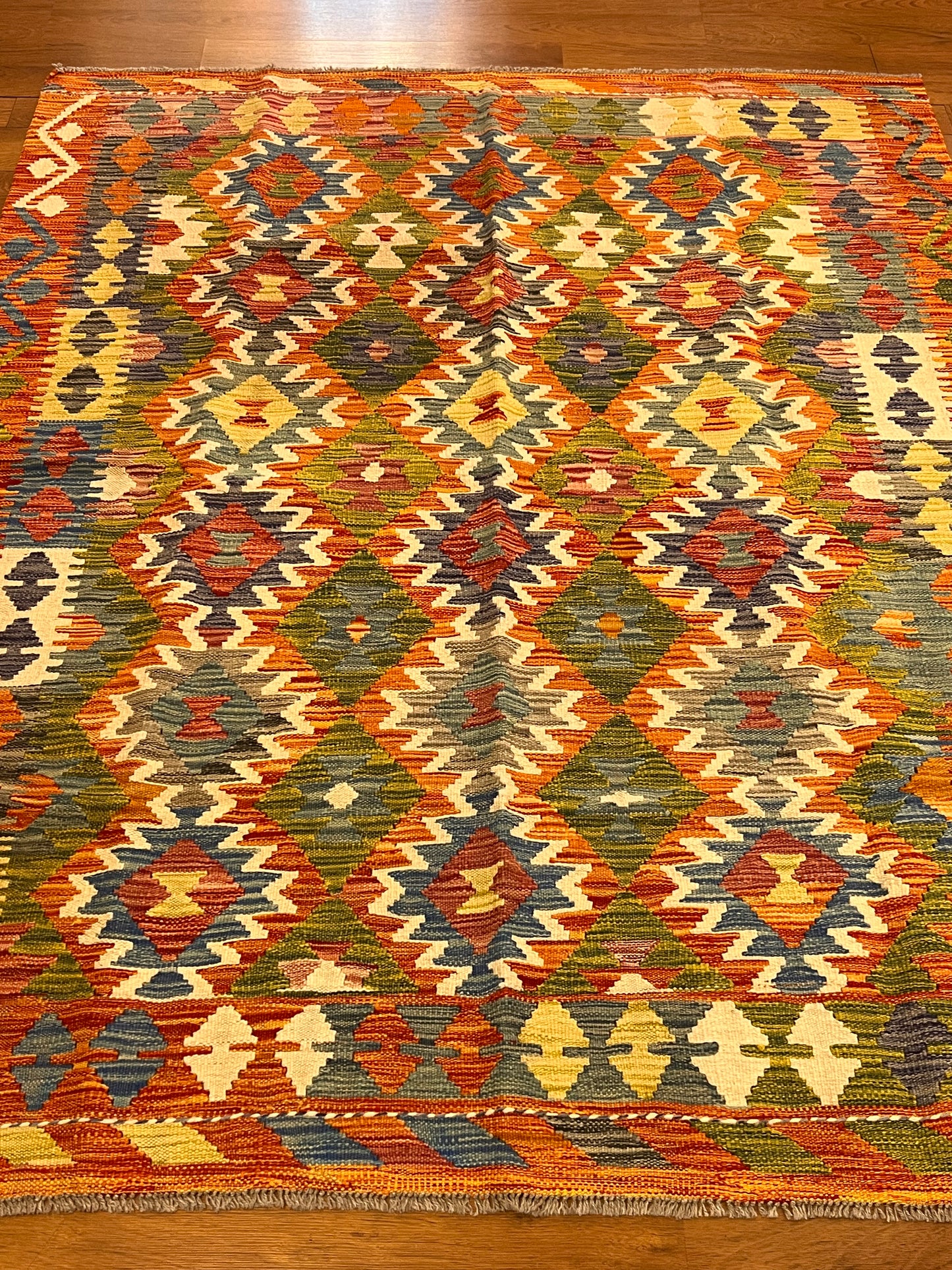 5x7 Fine Quality Handwoven Turkish Kilim Rug – Olive Green Blue Geometric Anatolian Rug