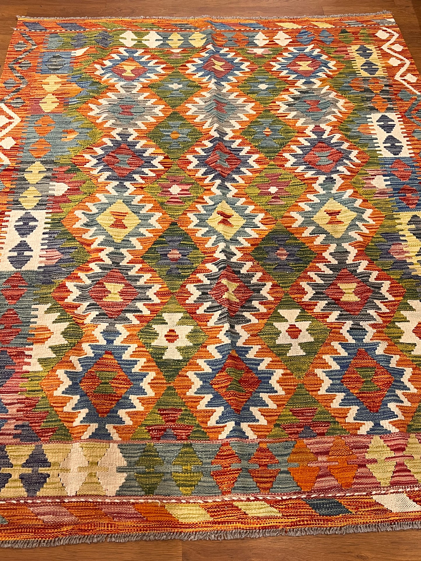 5x7 Fine Quality Handwoven Turkish Kilim Rug – Olive Green Blue Geometric Anatolian Rug