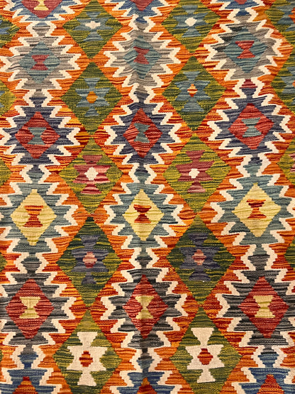 5x7 Fine Quality Handwoven Turkish Kilim Rug – Olive Green Blue Geometric Anatolian Rug