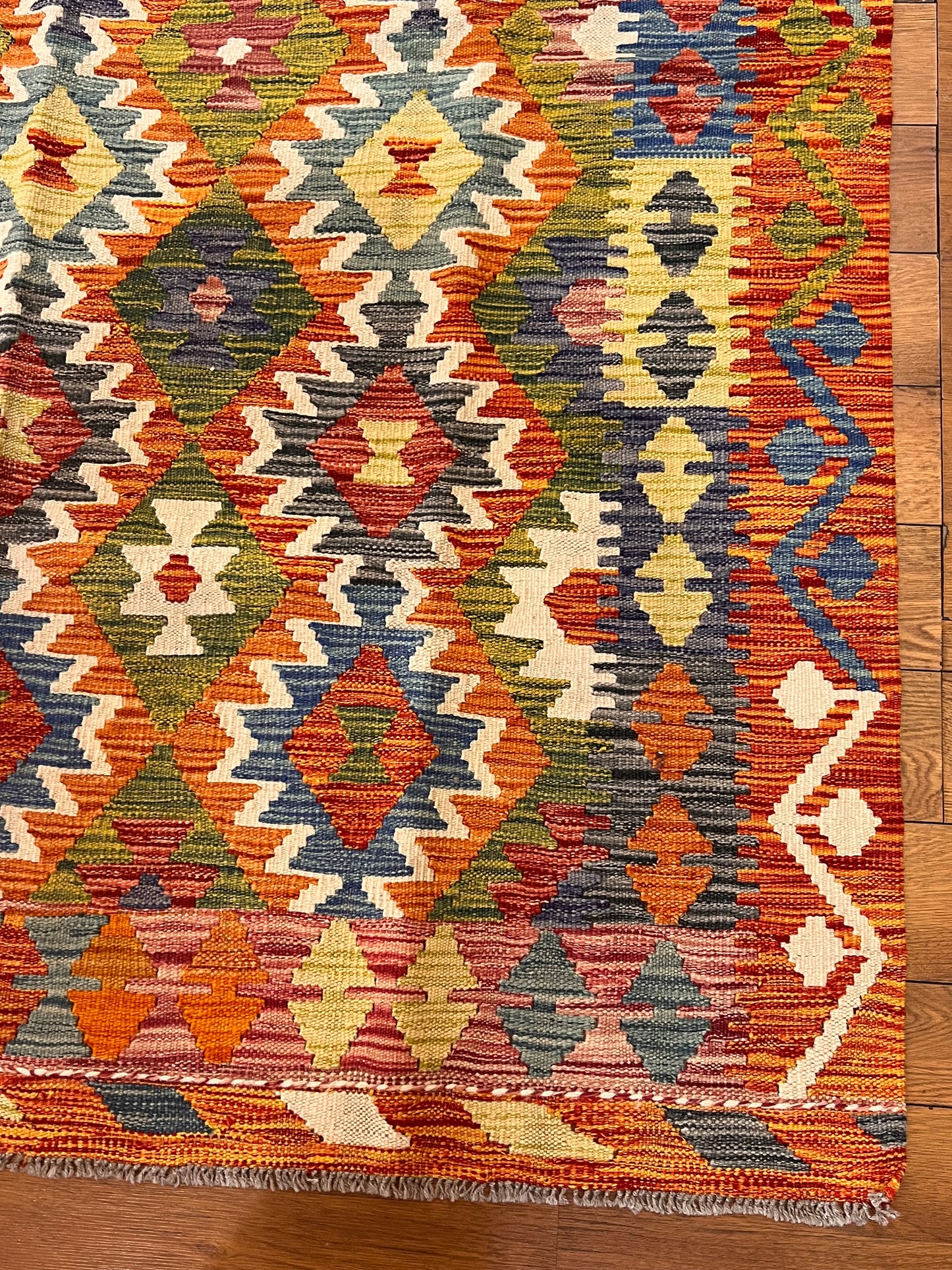 5x7 Fine Quality Handwoven Turkish Kilim Rug – Olive Green Blue Geometric Anatolian Rug