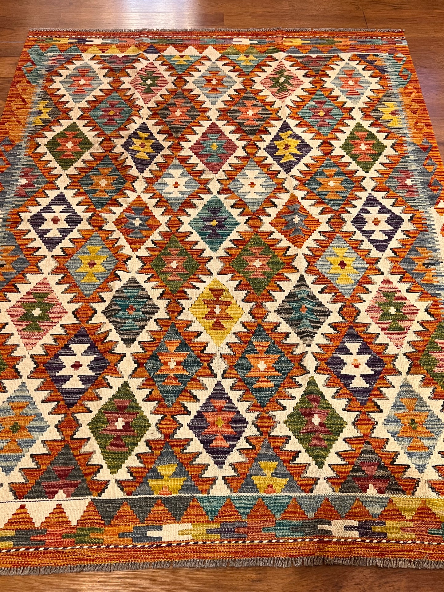 5x7 Fine Quality Handwoven Turkish Kilim Rug – Multicolor Geometric Anatolian Area Rug