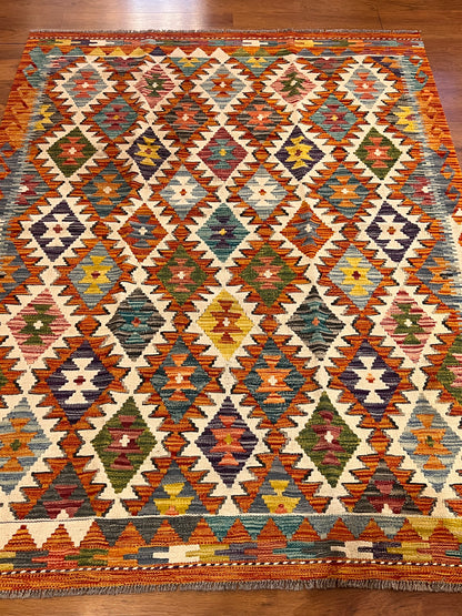 5x7 Fine Quality Handwoven Turkish Kilim Rug – Multicolor Geometric Anatolian Area Rug