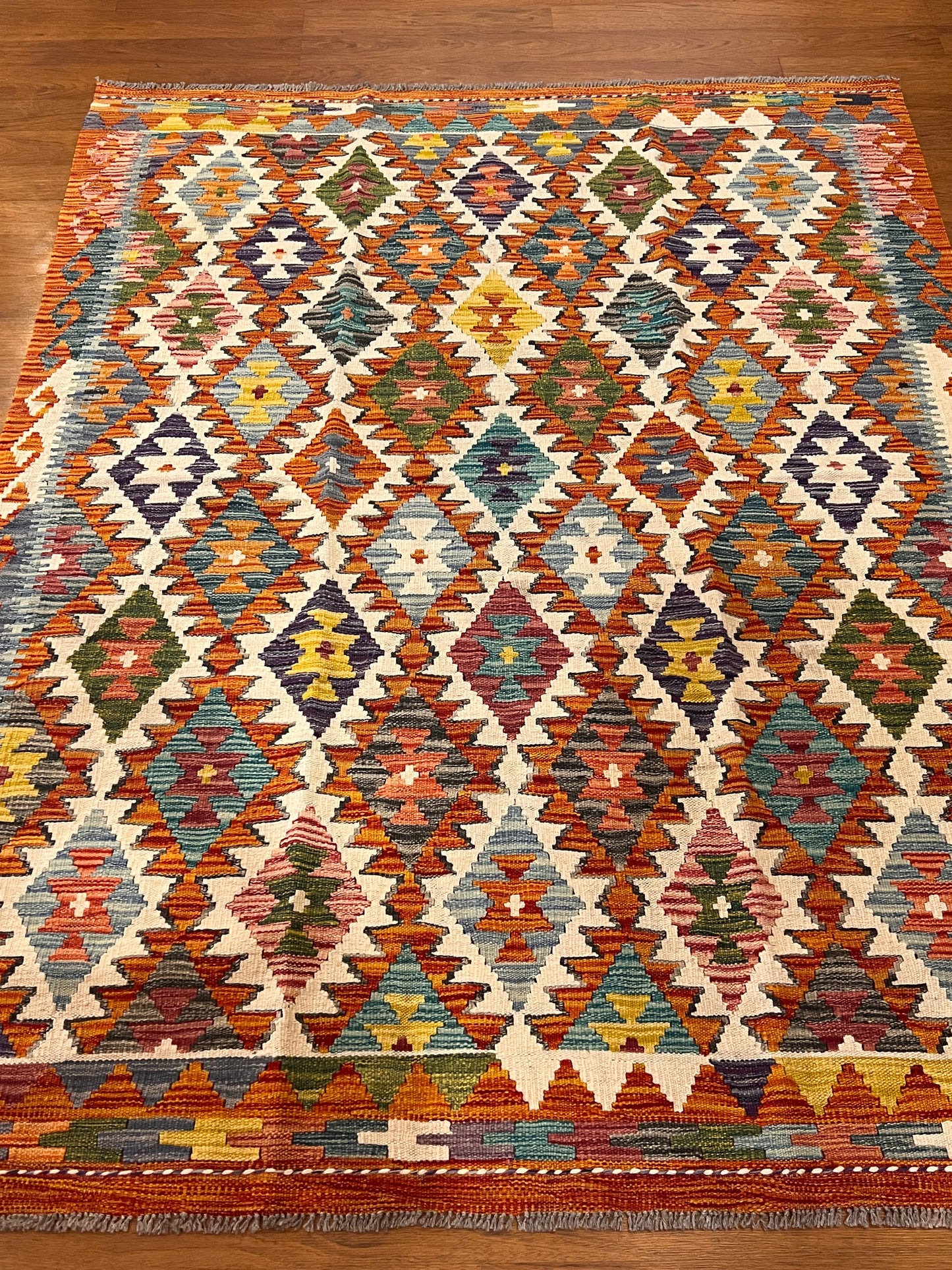 5x7 Fine Quality Handwoven Turkish Kilim Rug – Multicolor Geometric Anatolian Area Rug