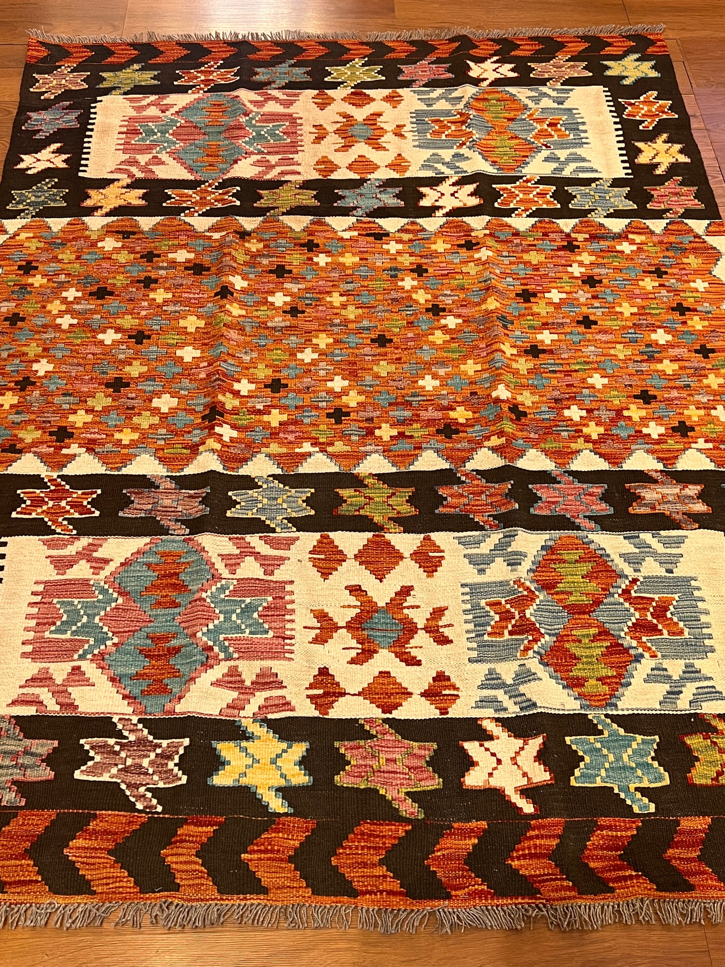 5x7 Fine Quality Handwoven Turkish Kilim Rug – Terracotta Black Tribal Geometric Anatolian Rug