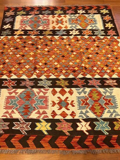 5x7 Fine Quality Handwoven Turkish Kilim Rug – Terracotta Black Tribal Geometric Anatolian Rug