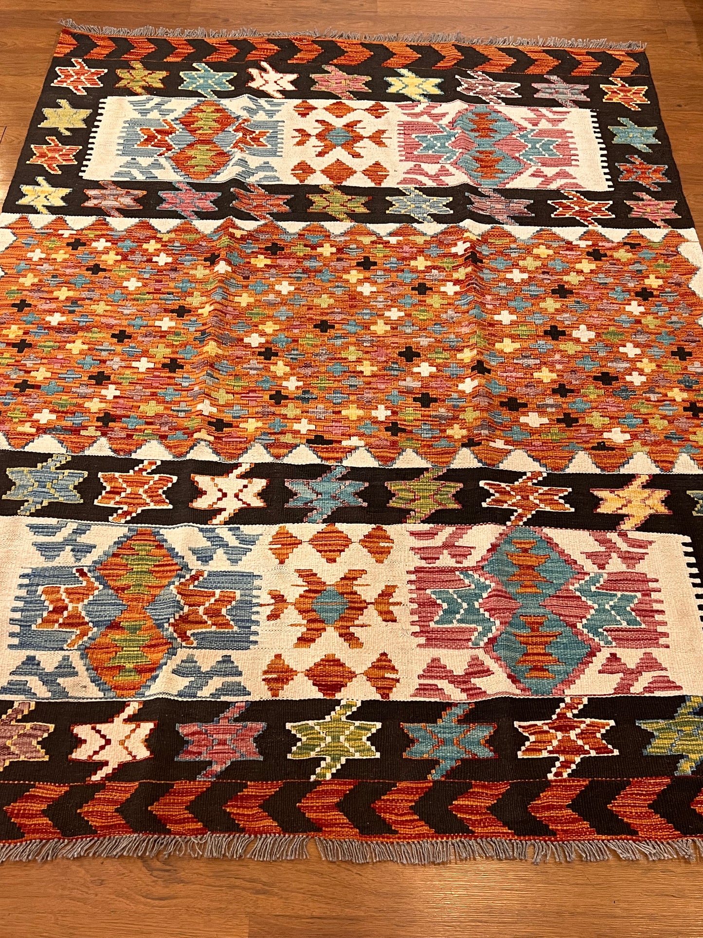5x7 Fine Quality Handwoven Turkish Kilim Rug – Terracotta Black Tribal Geometric Anatolian Rug