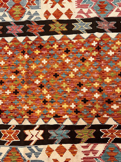 5x7 Fine Quality Handwoven Turkish Kilim Rug – Terracotta Black Tribal Geometric Anatolian Rug