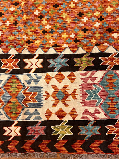 5x7 Fine Quality Handwoven Turkish Kilim Rug – Terracotta Black Tribal Geometric Anatolian Rug