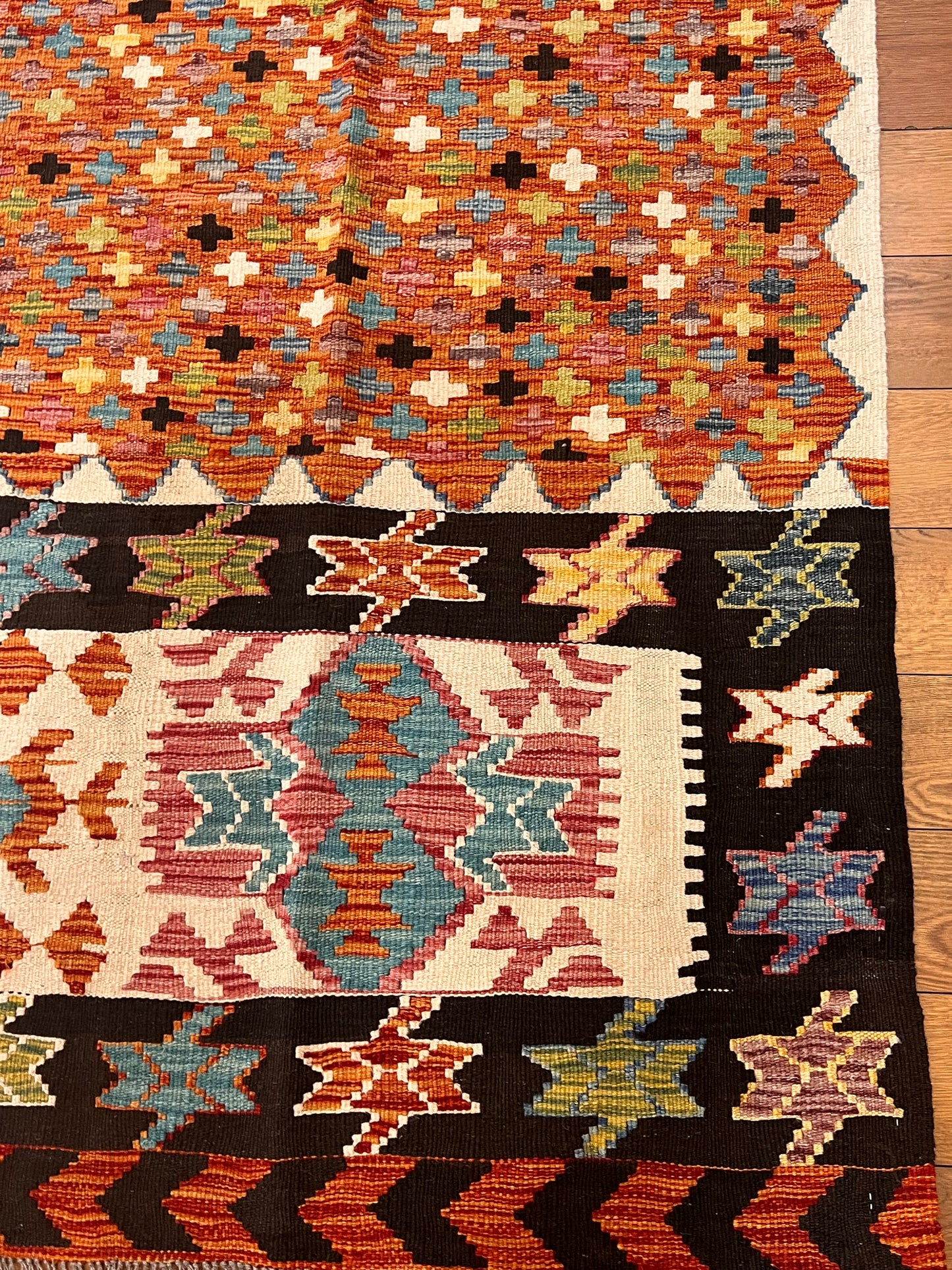 5x7 Fine Quality Handwoven Turkish Kilim Rug – Terracotta Black Tribal Geometric Anatolian Rug