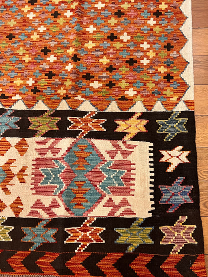 5x7 Fine Quality Handwoven Turkish Kilim Rug – Terracotta Black Tribal Geometric Anatolian Rug