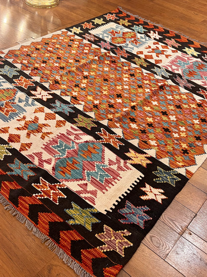 5x7 Fine Quality Handwoven Turkish Kilim Rug – Terracotta Black Tribal Geometric Anatolian Rug