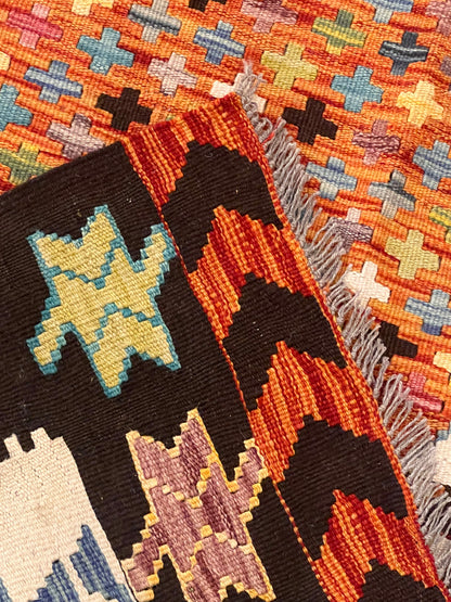 5x7 Fine Quality Handwoven Turkish Kilim Rug – Terracotta Black Tribal Geometric Anatolian Rug