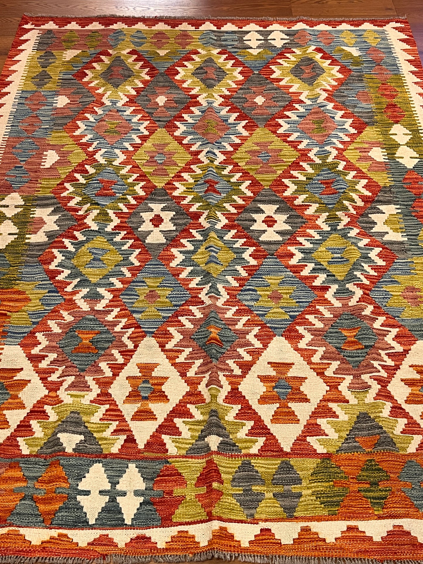 5x7 Fine Quality Handwoven Turkish Kilim Rug – Rust Red Olive Geometric Anatolian Rug