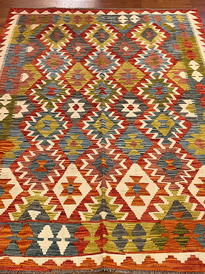 5x7 Fine Quality Handwoven Turkish Kilim Rug – Rust Red Olive Geometric Anatolian Rug