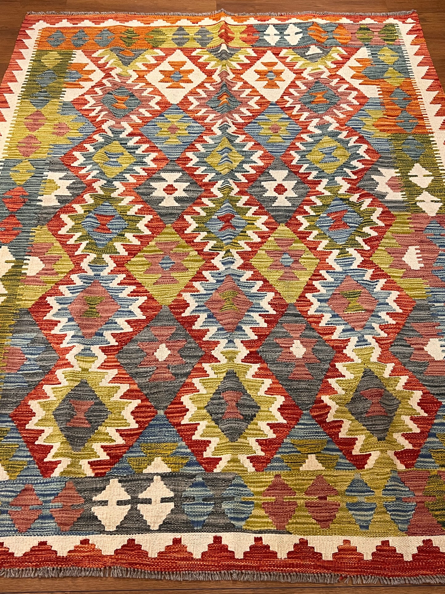 5x7 Fine Quality Handwoven Turkish Kilim Rug – Rust Red Olive Geometric Anatolian Rug