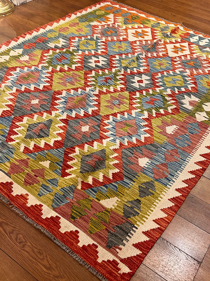 5x7 Fine Quality Handwoven Turkish Kilim Rug – Rust Red Olive Geometric Anatolian Rug