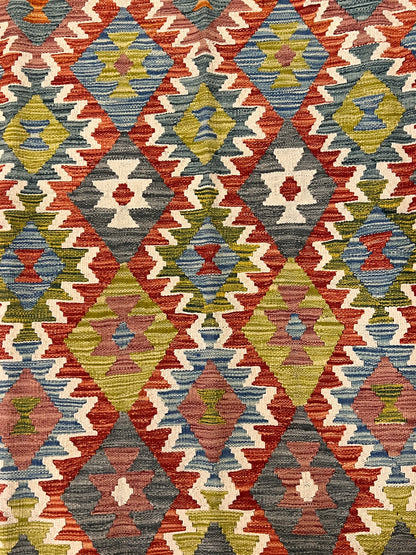 5x7 Fine Quality Handwoven Turkish Kilim Rug – Rust Red Olive Geometric Anatolian Rug